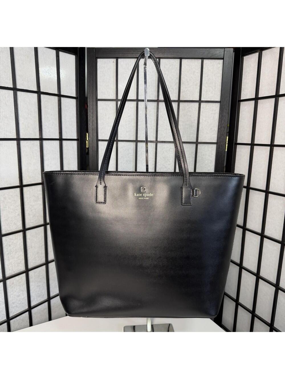 Kate Spade New York Black Cow Leather Large Structured Tote Gold Hardware